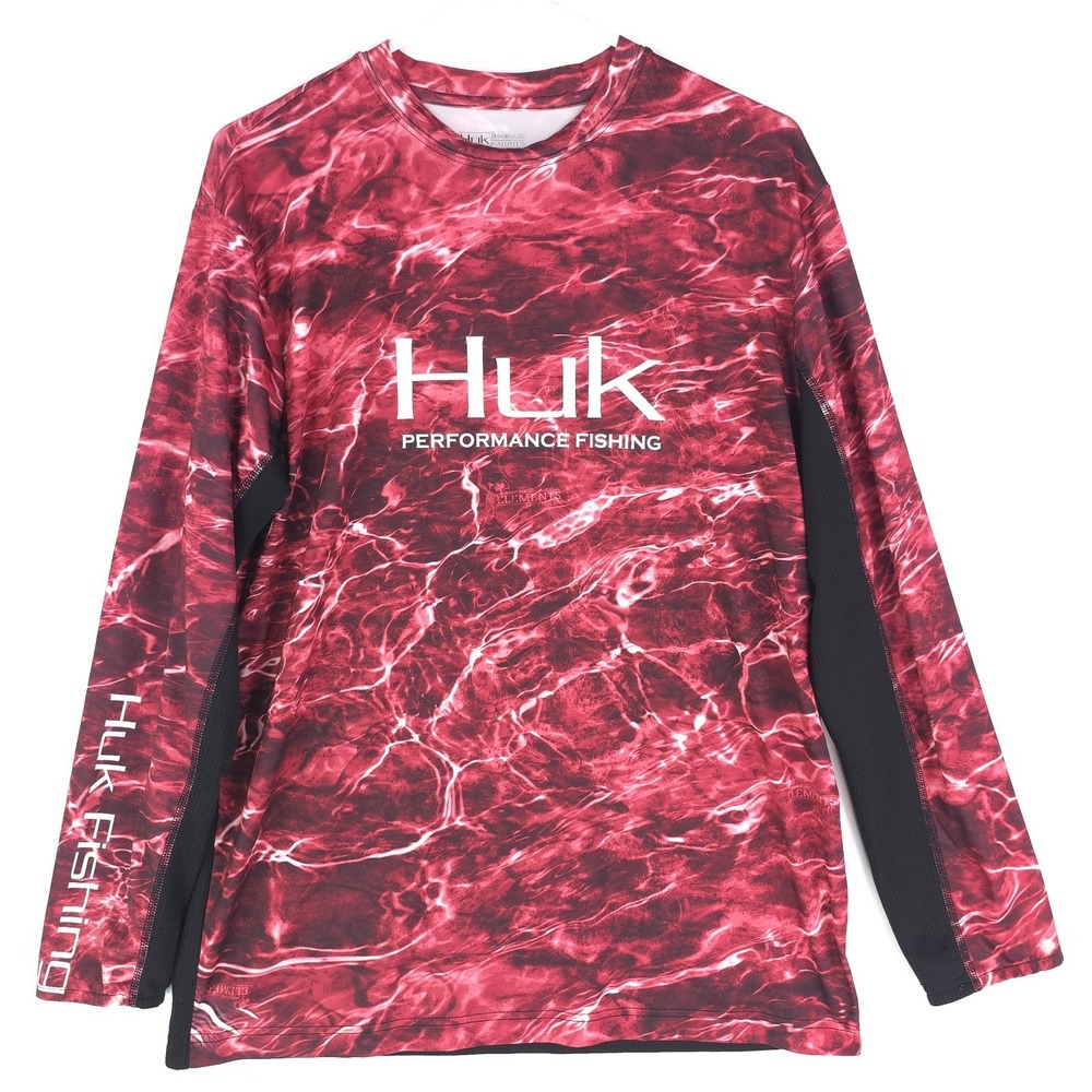 Huk Shirt Mens Medium Red Black Fishing Performance Camouflage Mossy Oak Read